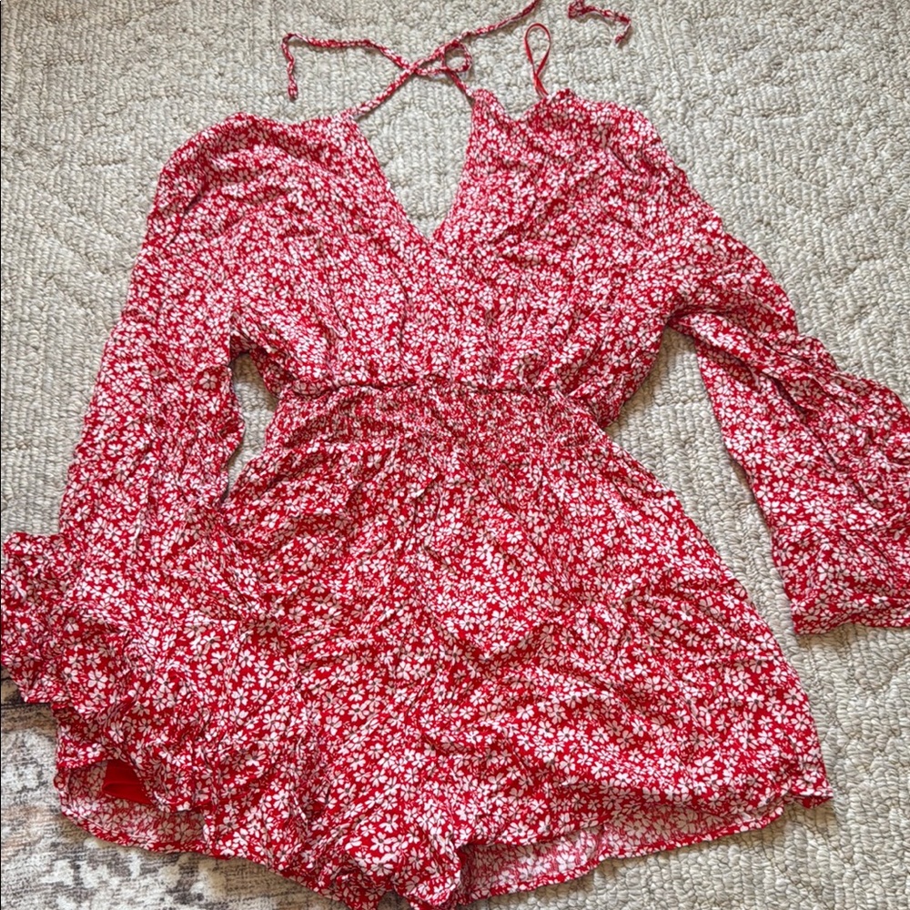 Pink Lily Red Floral Long Sleeve Romper